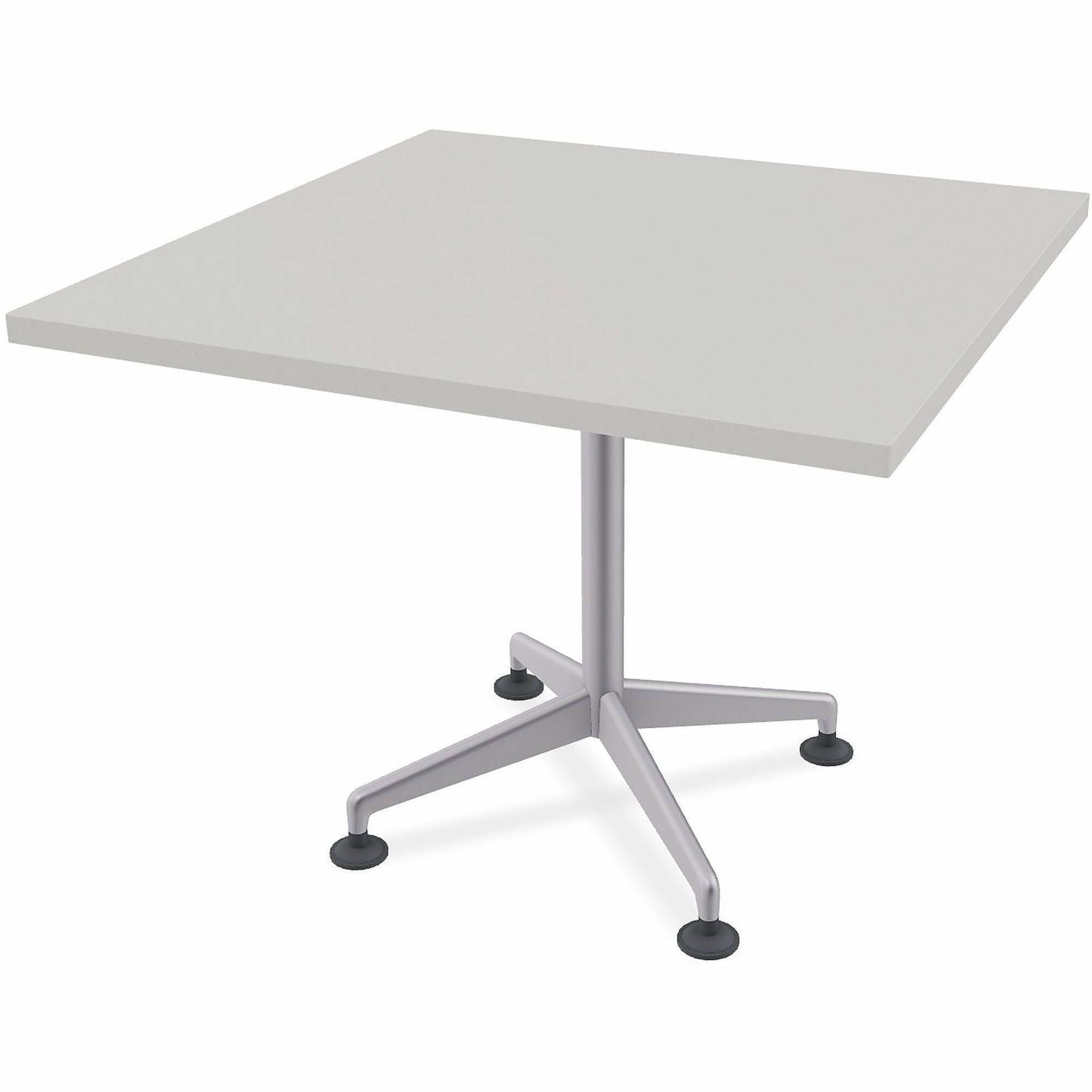 Special-T ZIA Series Hospitality Tables, Square 36"x36", 29" High, Gray High Pressure Laminate, Powder Coated X-Shaped Cast Aluminum/Steel Base, Mid-Century Modern Style, 8 Tables per Bundle