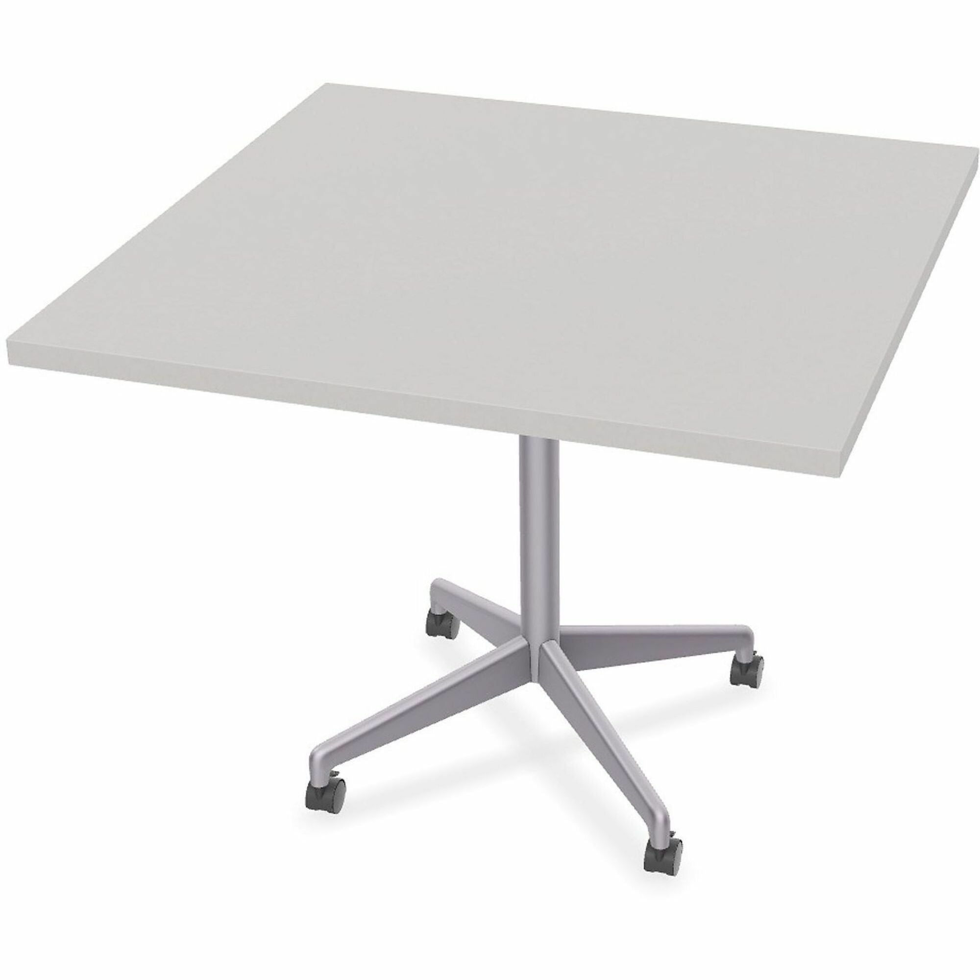 Special-T ZIA Series Square Hospitality Tables, 42" x 42", 29" High, Gray High Pressure Laminate, Powder Coated X-Shaped Cast Aluminum/Steel Base, Mid-Century Modern Style, 6 per Bundle