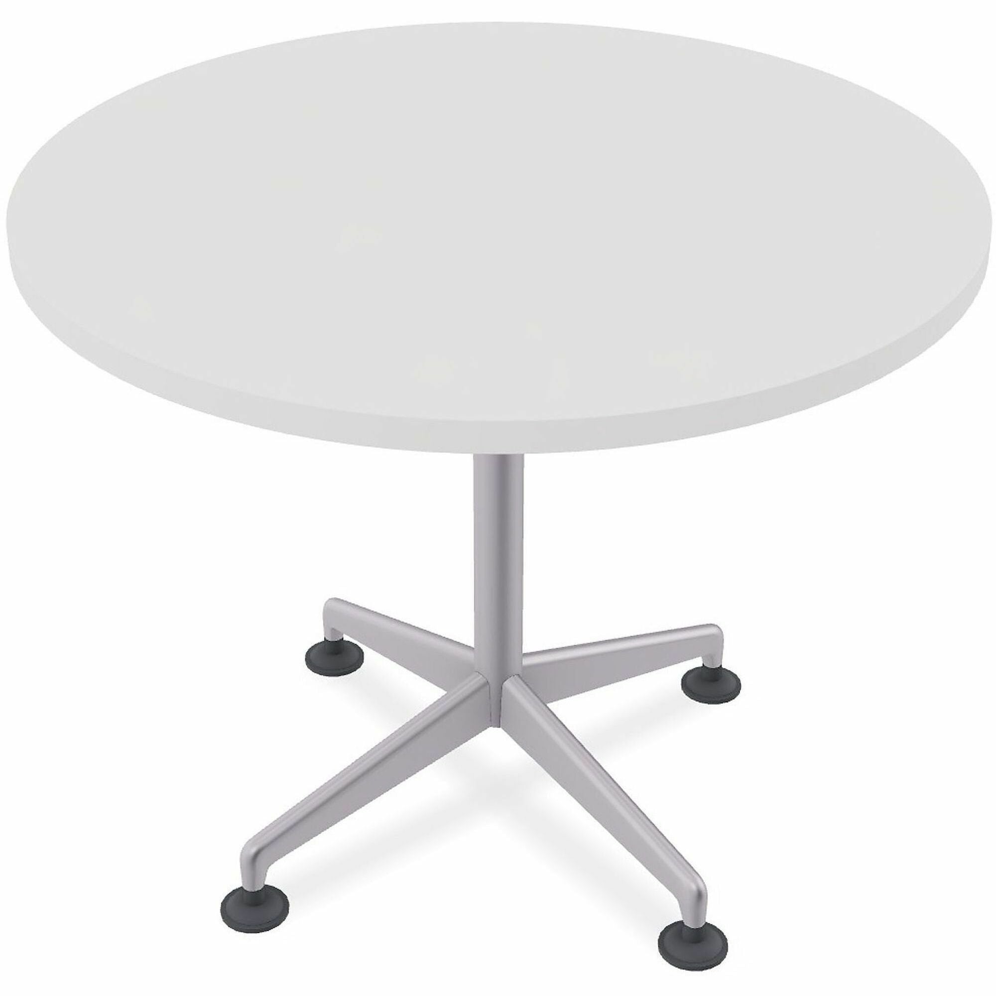 Special-T ZIA Series Round Hospitality Tables, 42" Diameter, 29" Height, White High Pressure Laminate Top, Powder Coated X-Shaped Cast Aluminum and Steel Base, Mid-Century Modern Style, 8 per Bundle