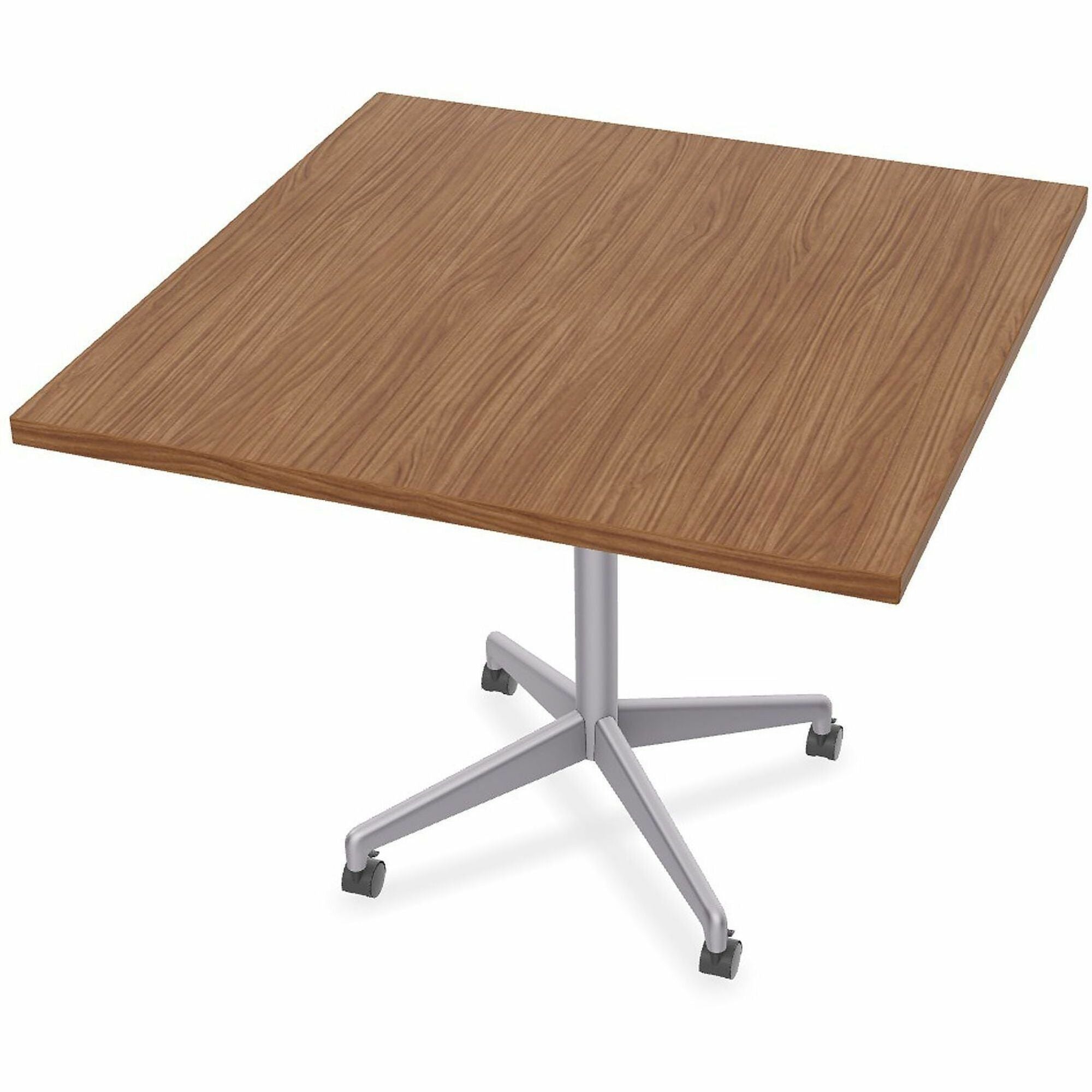 Special-T ZIA Series Hospitality Tables, Square 42"x42" Walnut HPL Top, Powder Coated X-Shaped Cast Aluminum/Steel Base, Mid-Century Modern Style, 29" Height, 6 Tables per Bundle