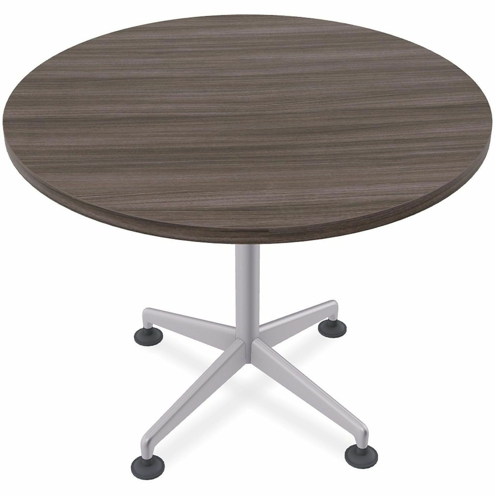 Special-T ZIA Series Round Hospitality Tables, 36" Diameter, 29" Height, Gray Driftwood High Pressure Laminate, Powder Coated X-Shaped Cast Aluminum/Steel Base, Mid-Century Modern Style, 10 Tables per Bundle