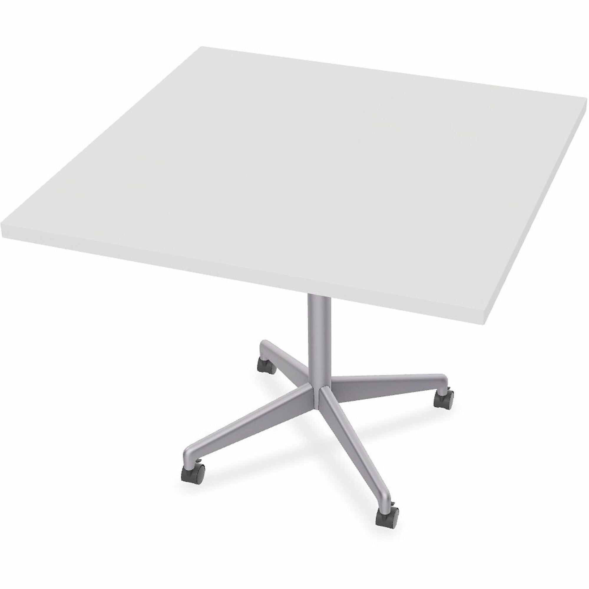 Special-T ZIA Series Hospitality Tables, Square 42"x42" White High Pressure Laminate Top, Powder Coated X-Shaped Cast Aluminum/Steel Base, Mid-Century Modern Style, 29" Height, 6 Tables per Bundle