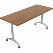 Special-T ZIA Series Training Tables, Rectangle, 24" x 48", 29" High, Walnut High Pressure Laminate, Powder Coated T-shaped Cast Aluminum/Steel Base, Flip-top, Foldable, 6 Tables per Bundle