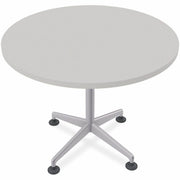 Special-T ZIA Series Round Hospitality Tables, 36" Diameter, 29" Height, Mid-Century Modern, Gray High Pressure Laminate Top, Powder Coated X-Shaped Cast Aluminum and Steel Base, 10 Tables per Bundle