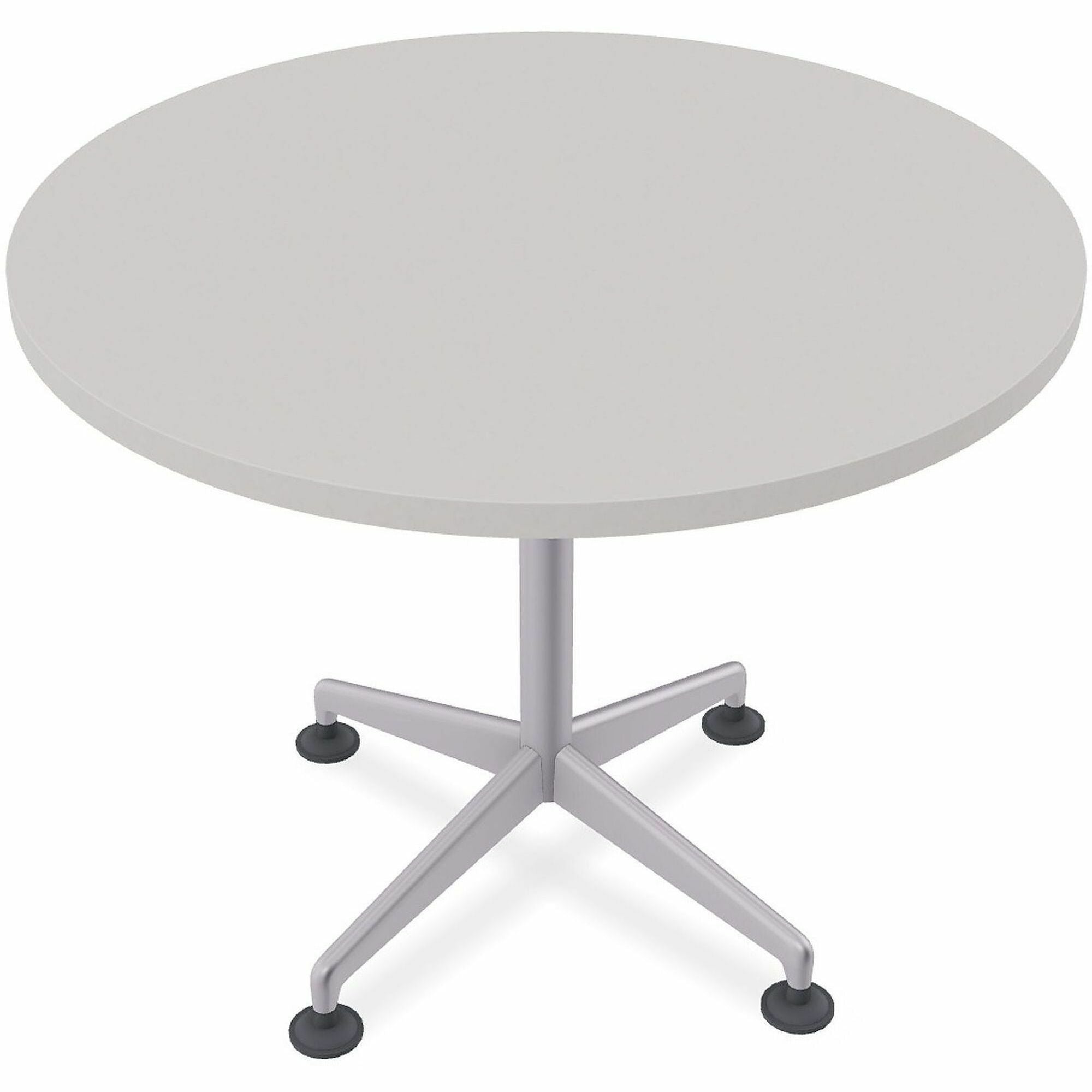 Special-T ZIA Series Round Hospitality Tables, 36" Diameter, 29" Height, Mid-Century Modern, Gray High Pressure Laminate Top, Powder Coated X-Shaped Cast Aluminum and Steel Base, 10 Tables per Bundle