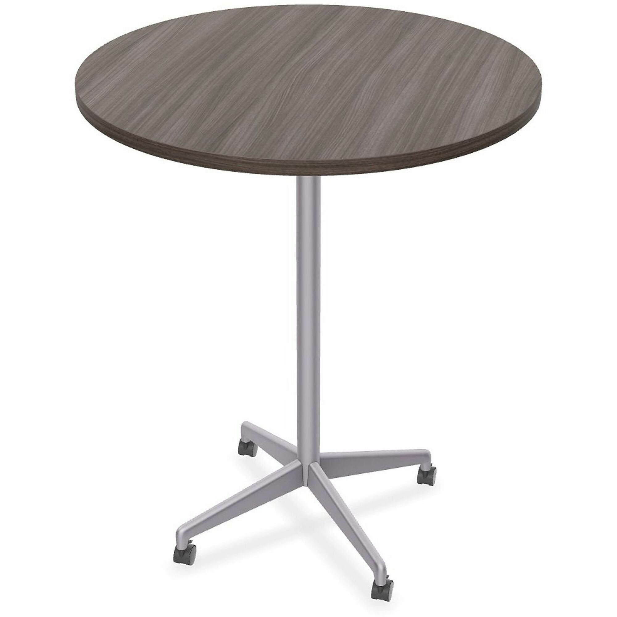 Special-T ZIA Series Hospitality Tables, Round 36" Diameter, 42" Height, Gray Driftwood High Pressure Laminate, Powder Coated X-Shaped Cast Aluminum/Steel Base, Mid-Century Modern Style, 6 Tables per Bundle