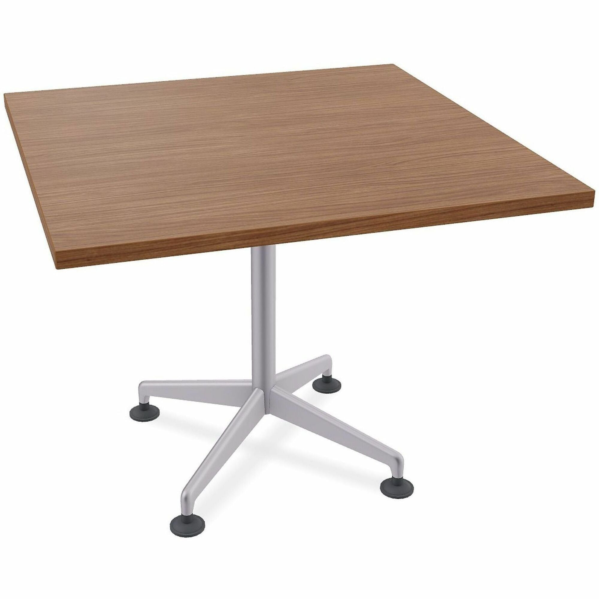 Special-T ZIA Series Hospitality Tables, Square 42"x42" Walnut High Pressure Laminate Top, Powder Coated X-Shaped Cast Aluminum/Steel Base, Mid-Century Modern Style, 29" Height, 8 Tables per Bundle