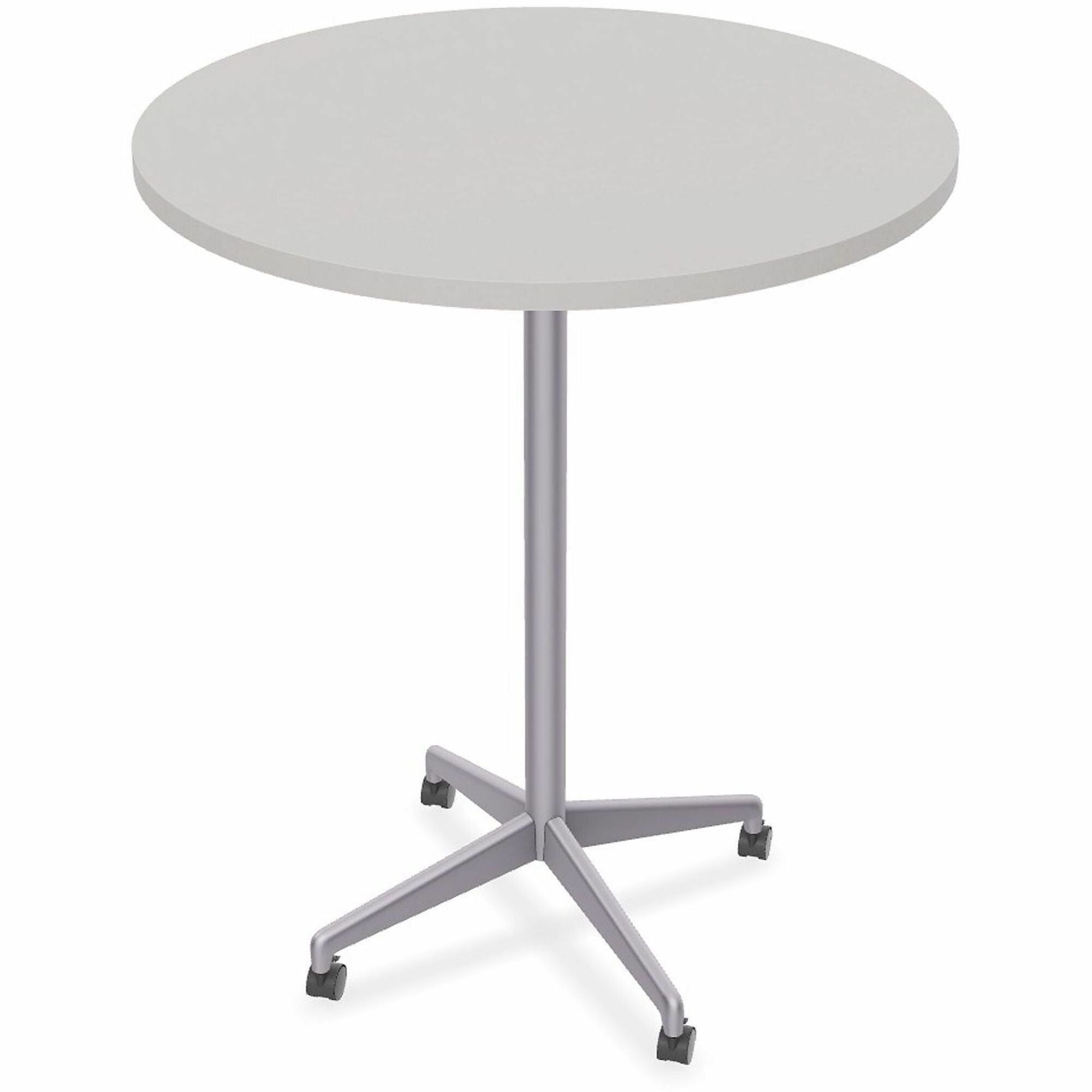 Special-T ZIA Series Round Hospitality Tables, 36" Diameter, 42" Height, Mid-Century Modern, Gray High Pressure Laminate, Powder Coated X-Shaped Cast Aluminum/Steel Base, 6 per Bundle