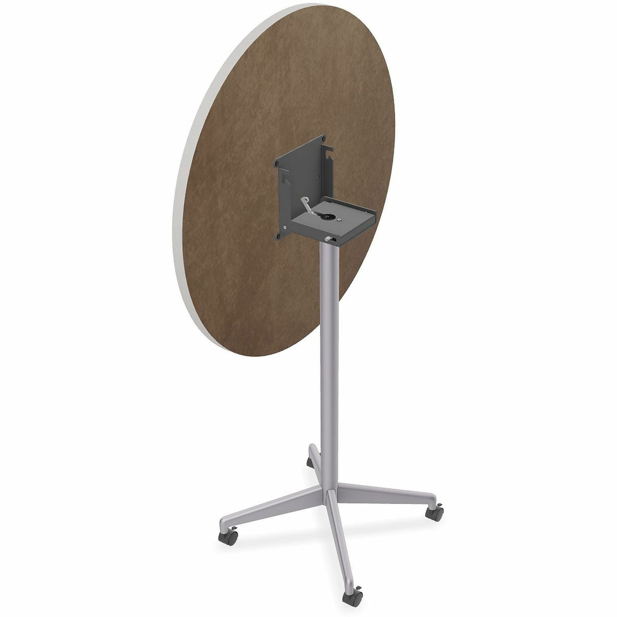 Special-T ZIA Series Round Hospitality Tables, 36" Diameter, 42" Height, Mid-Century Modern, Gray High Pressure Laminate, Powder Coated X-Shaped Cast Aluminum/Steel Base, 6 per Bundle