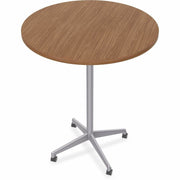Special-T ZIA Series Round Hospitality Tables, 36" Diameter, 42" Height, Walnut High Pressure Laminate Top, Powder Coated X-Shaped Cast Aluminum/Steel Base, Mid-Century Modern Style, 6 per Bundle