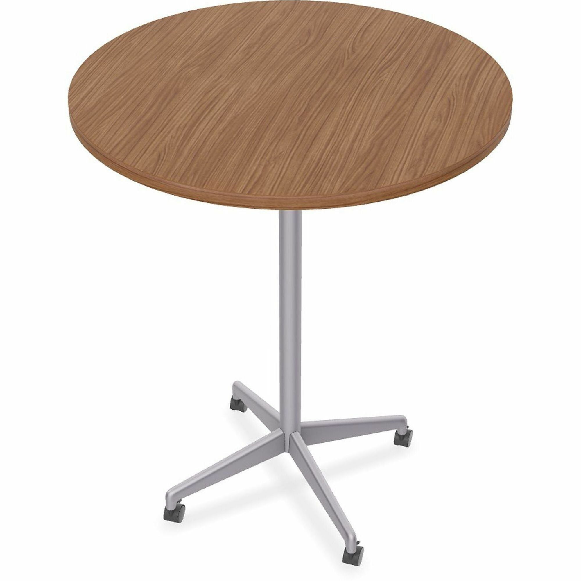 Special-T ZIA Series Round Hospitality Tables, 36" Diameter, 42" Height, Walnut High Pressure Laminate Top, Powder Coated X-Shaped Cast Aluminum/Steel Base, Mid-Century Modern Style, 6 per Bundle