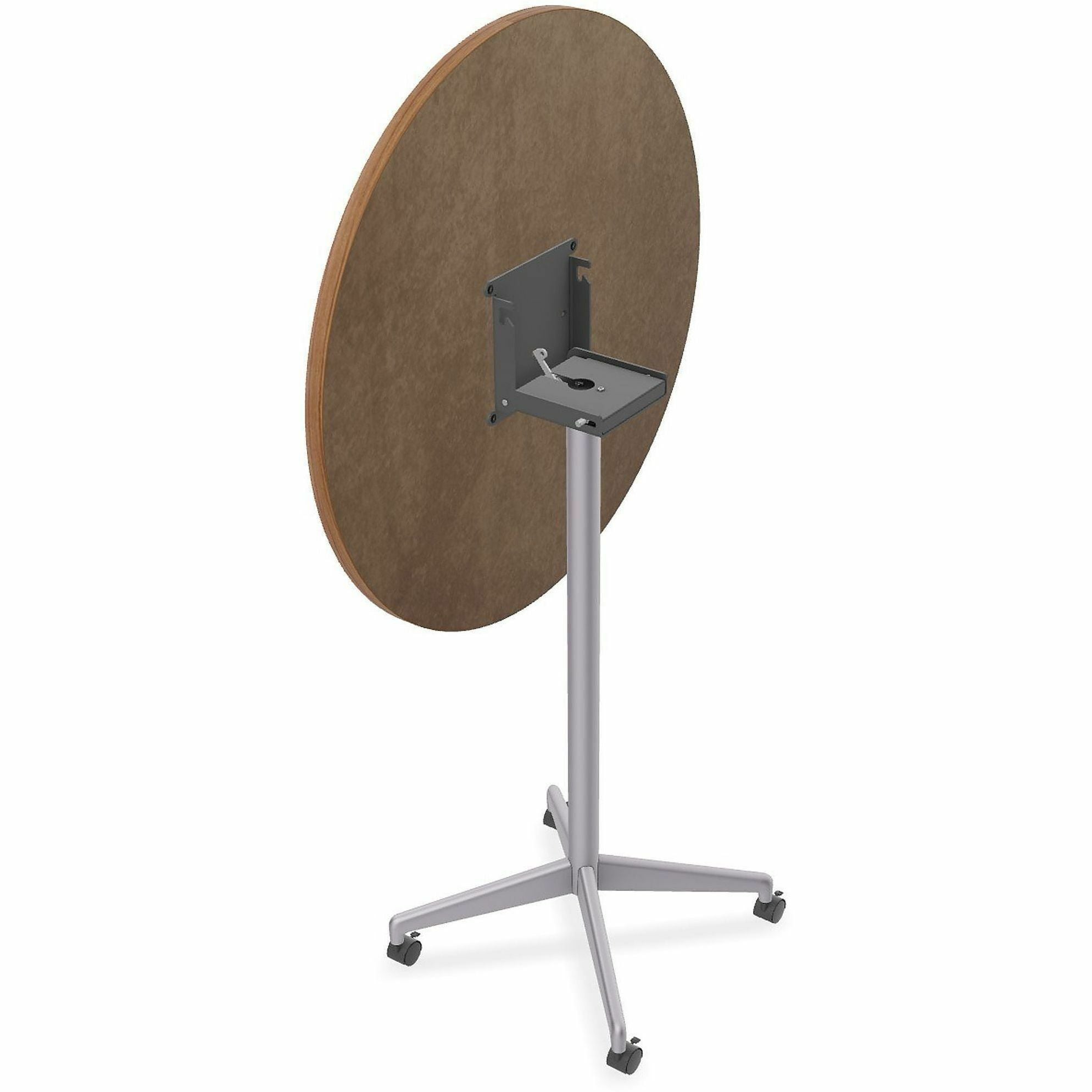 Special-T ZIA Series Round Hospitality Tables, 36" Diameter, 42" Height, Walnut High Pressure Laminate Top, Powder Coated X-Shaped Cast Aluminum/Steel Base, Mid-Century Modern Style, 6 per Bundle