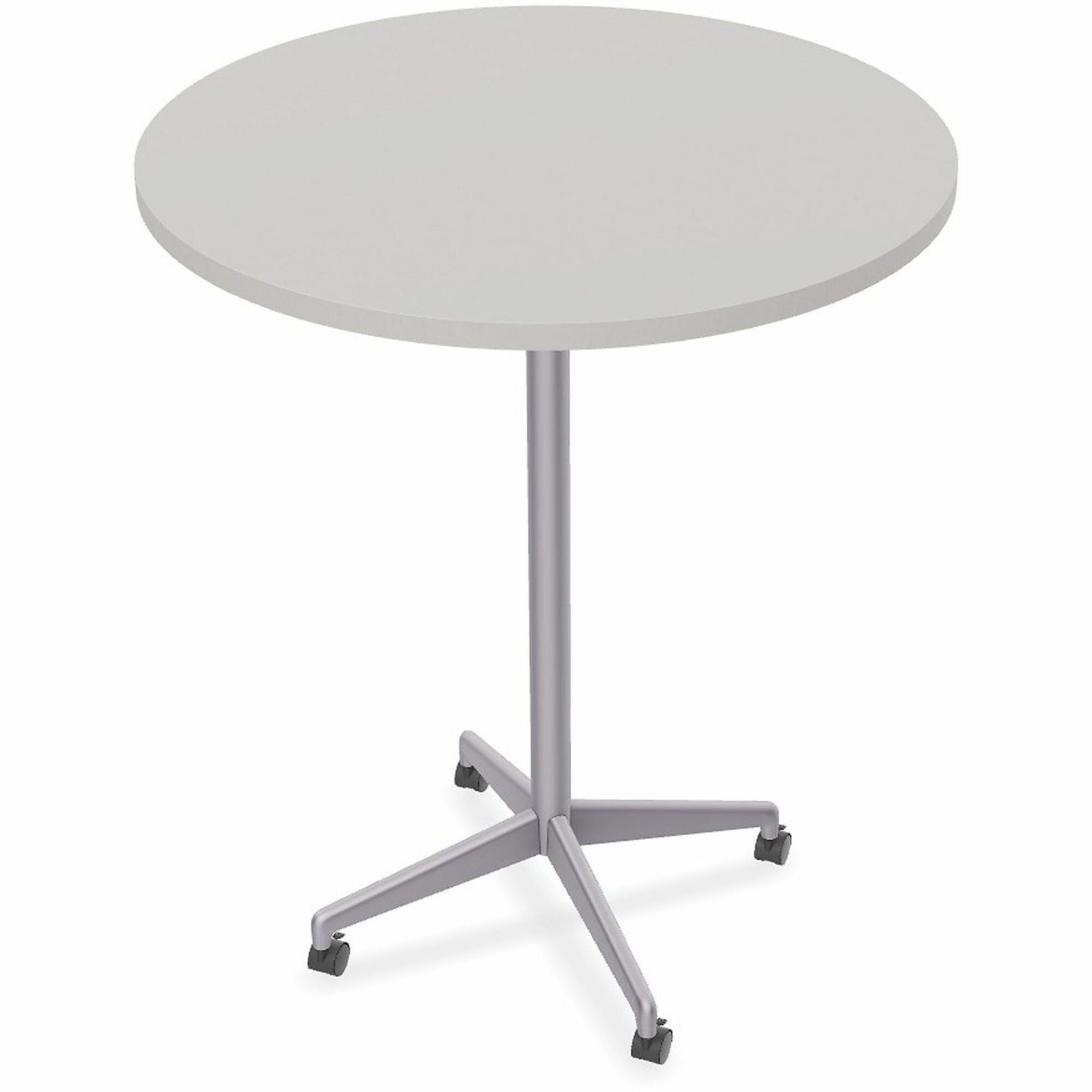 Special-T ZIA Series Hospitality Tables, Round 42" Top, 42" Height, Mid-Century Modern, Powder Coated X-Shaped Base, Gray High Pressure Laminate, Cast Aluminum/Steel Base, 6 per Bundle