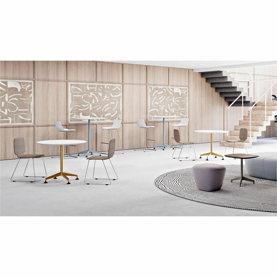 Special-T ZIA Series Round Hospitality Tables, 36" Diameter, 42" Height, White High Pressure Laminate Top, Powder Coated X-Shaped Cast Aluminum and Steel Base, Mid-Century Modern Style, 6 per Bundle