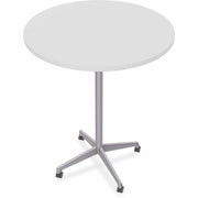 Special-T ZIA Series Round Hospitality Tables, 36" Diameter, 42" Height, White High Pressure Laminate Top, Powder Coated X-Shaped Cast Aluminum and Steel Base, Mid-Century Modern Style, 6 per Bundle