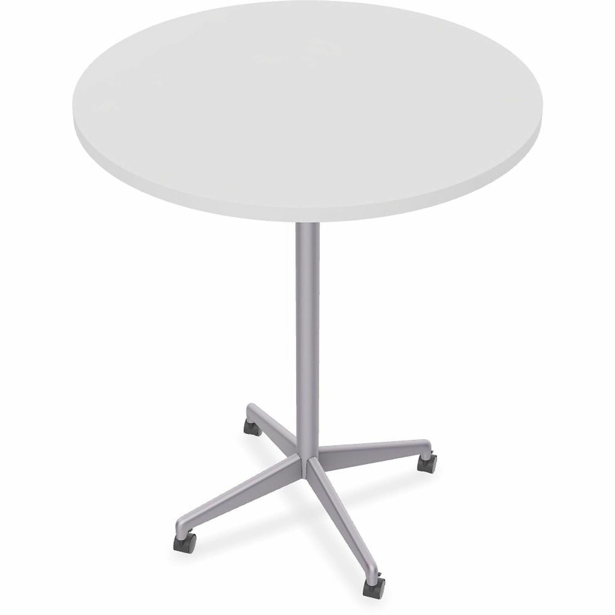 Special-T ZIA Series Round Hospitality Tables, 36" Diameter, 42" Height, White High Pressure Laminate Top, Powder Coated X-Shaped Cast Aluminum and Steel Base, Mid-Century Modern Style, 6 per Bundle