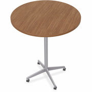 Special-T ZIA Series Round Hospitality Tables, 42" Diameter, 42" Height, Walnut High Pressure Laminate, Powder Coated X-Shaped Cast Aluminum/Steel Base, Mid-Century Modern Style, 6 Tables per Bundle