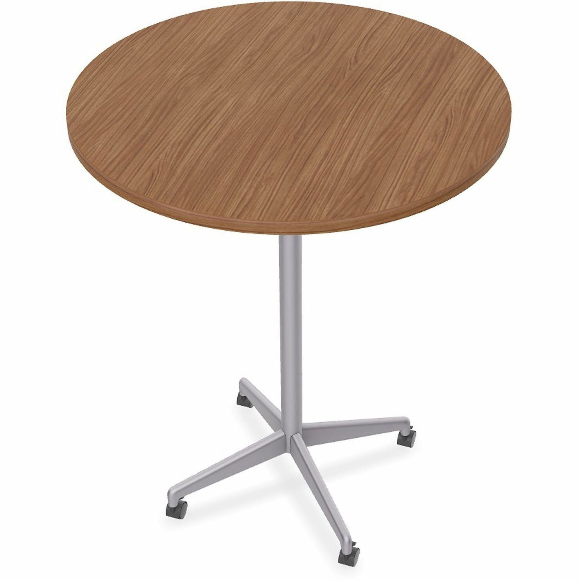 Special-T ZIA Series Round Hospitality Tables, 42" Diameter, 42" Height, Walnut High Pressure Laminate, Powder Coated X-Shaped Cast Aluminum/Steel Base, Mid-Century Modern Style, 6 Tables per Bundle