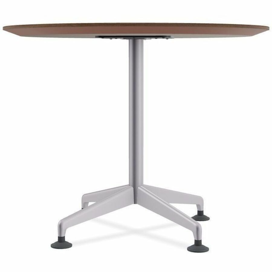 Special-T ZIA Series Round Hospitality Tables, 42" Diameter, 42" Height, Walnut High Pressure Laminate, Powder Coated X-Shaped Cast Aluminum/Steel Base, Mid-Century Modern Style, 6 Tables per Bundle