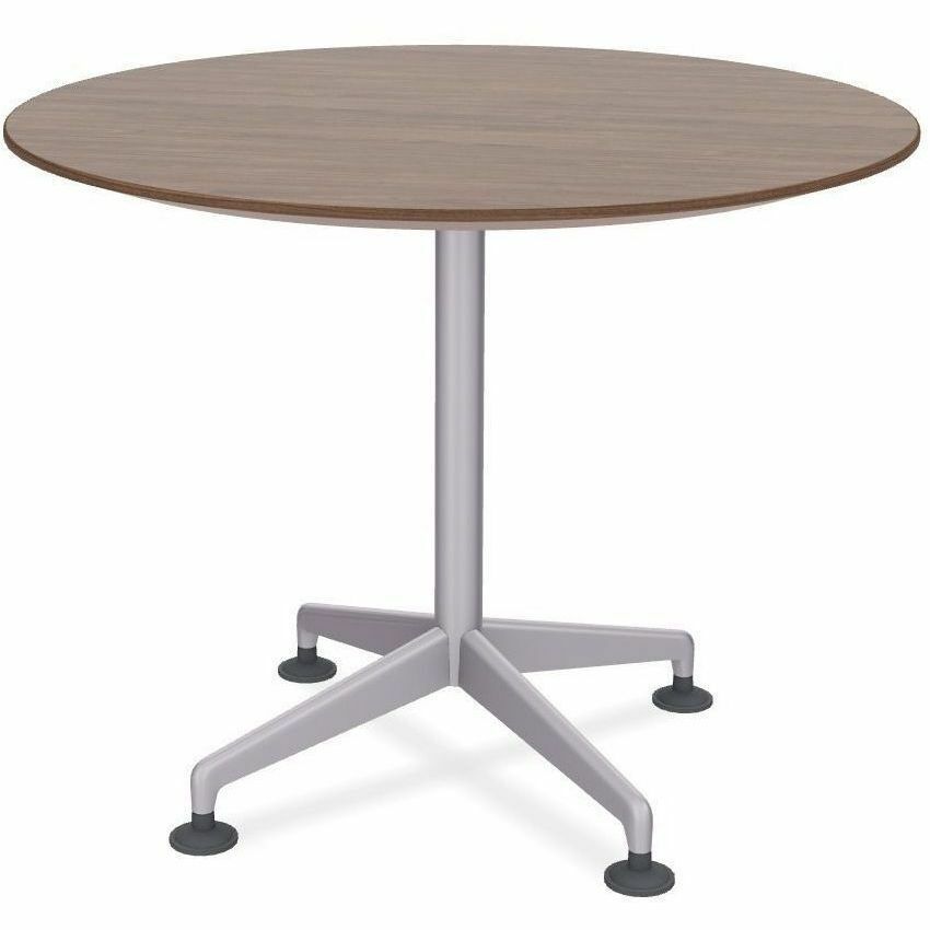 Special-T ZIA Series Round Hospitality Tables, 42" Diameter, 42" Height, Walnut High Pressure Laminate, Powder Coated X-Shaped Cast Aluminum/Steel Base, Mid-Century Modern Style, 6 Tables per Bundle
