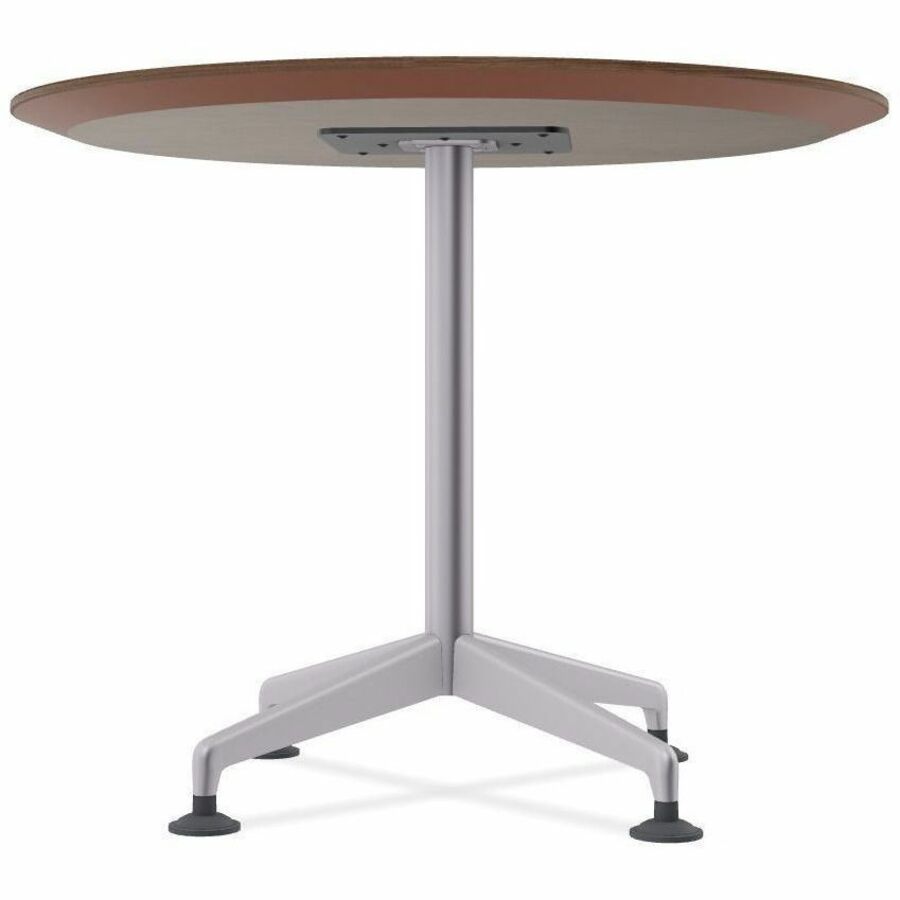Special-T ZIA Series Round Hospitality Tables, 42" Diameter, 42" Height, Walnut High Pressure Laminate, Powder Coated X-Shaped Cast Aluminum/Steel Base, Mid-Century Modern Style, 6 Tables per Bundle