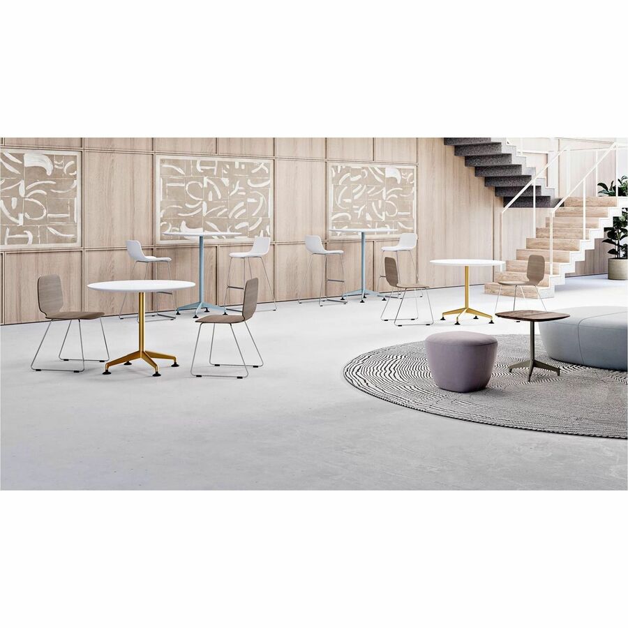 Special-T ZIA Series Round Hospitality Tables, 42" Diameter, 42" Height, Walnut High Pressure Laminate, Powder Coated X-Shaped Cast Aluminum/Steel Base, Mid-Century Modern Style, 6 Tables per Bundle