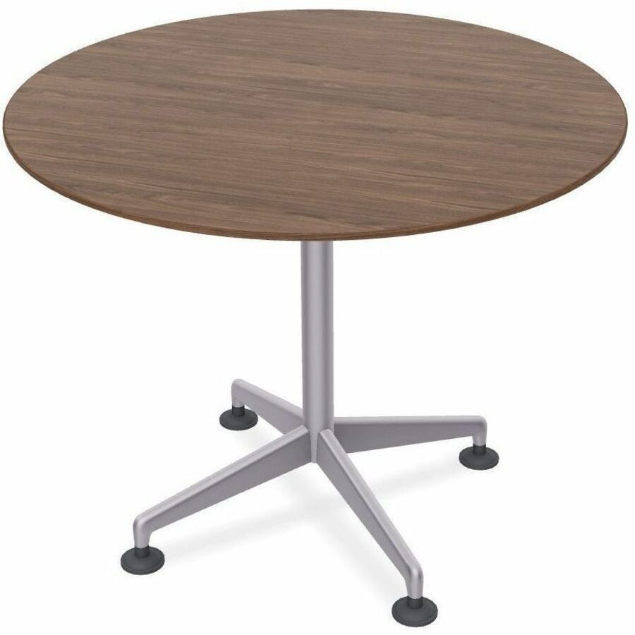 Special-T ZIA Series Round Hospitality Tables, 42" Diameter, 42" Height, Walnut High Pressure Laminate, Powder Coated X-Shaped Cast Aluminum/Steel Base, Mid-Century Modern Style, 6 Tables per Bundle