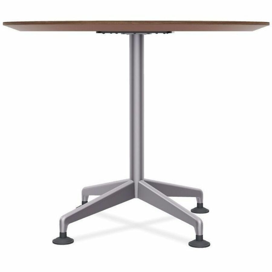 Special-T ZIA Series Round Hospitality Tables, 42" Diameter, 42" Height, Walnut High Pressure Laminate, Powder Coated X-Shaped Cast Aluminum/Steel Base, Mid-Century Modern Style, 6 Tables per Bundle