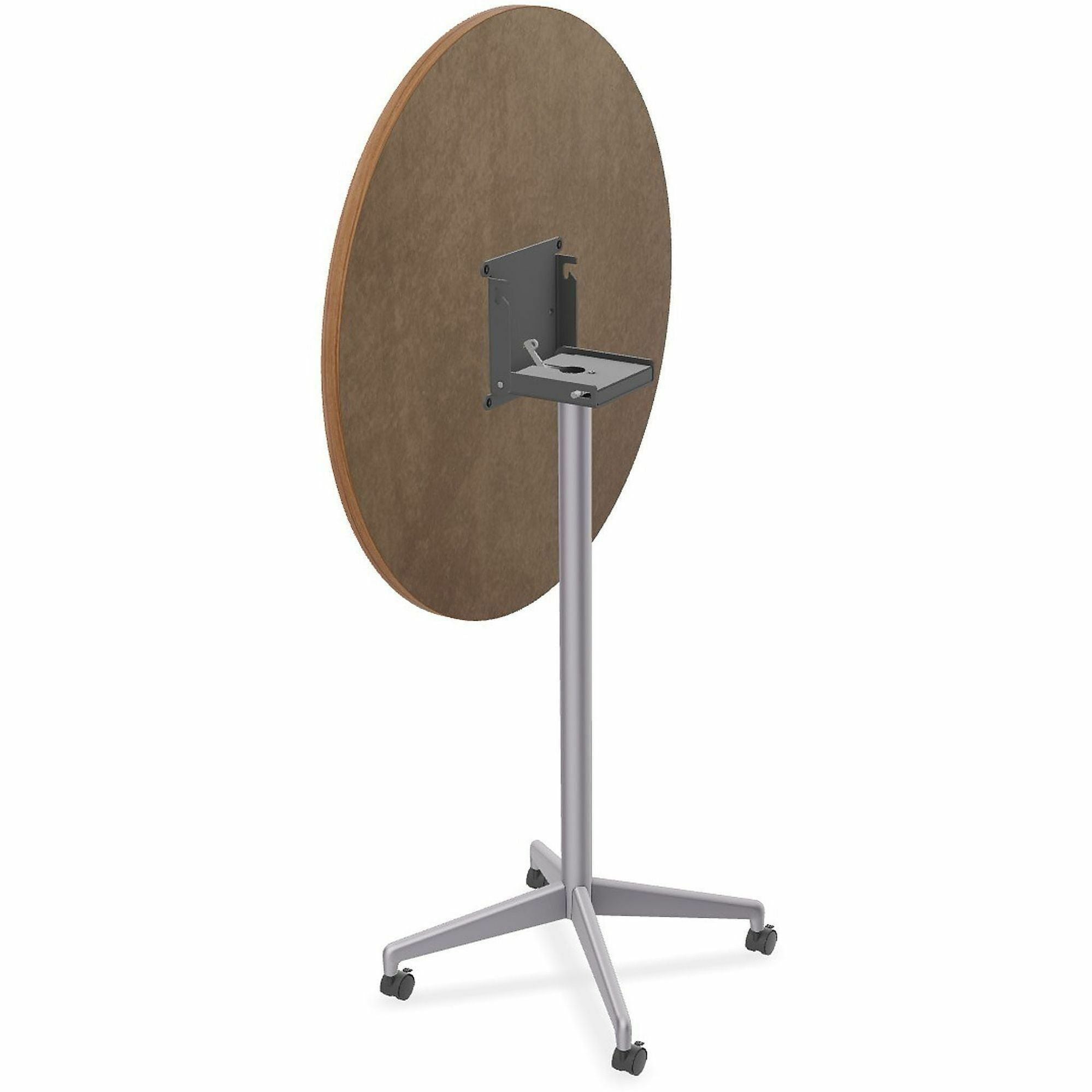 Special-T ZIA Series Round Hospitality Tables, 42" Diameter, 42" Height, Walnut High Pressure Laminate, Powder Coated X-Shaped Cast Aluminum/Steel Base, Mid-Century Modern Style, 6 Tables per Bundle
