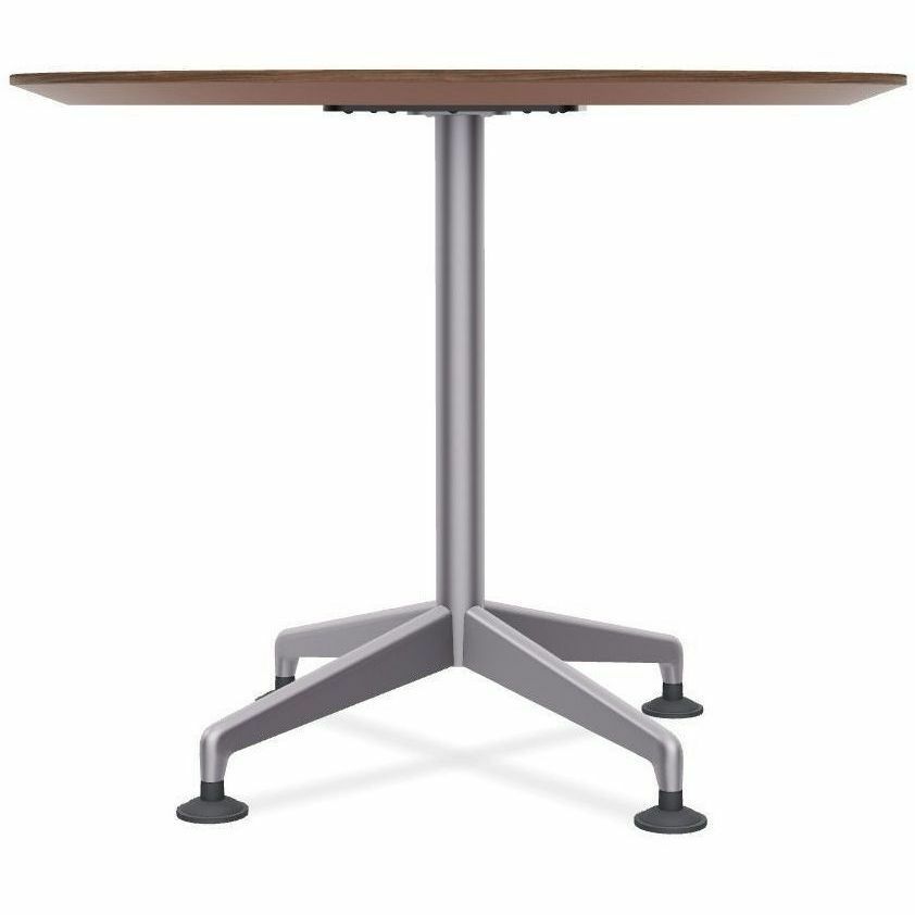 Special-T ZIA Series Round Hospitality Tables, 42" Diameter, 42" Height, Walnut High Pressure Laminate, Powder Coated X-Shaped Cast Aluminum/Steel Base, Mid-Century Modern Style, 6 Tables per Bundle