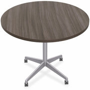Special-T ZIA Series Round Hospitality Tables, 36" Diameter, 29" Height, Gray Driftwood High Pressure Laminate, Powder Coated X-Shaped Cast Aluminum and Steel Base, Mid-Century Modern Style, 6 per Bundle
