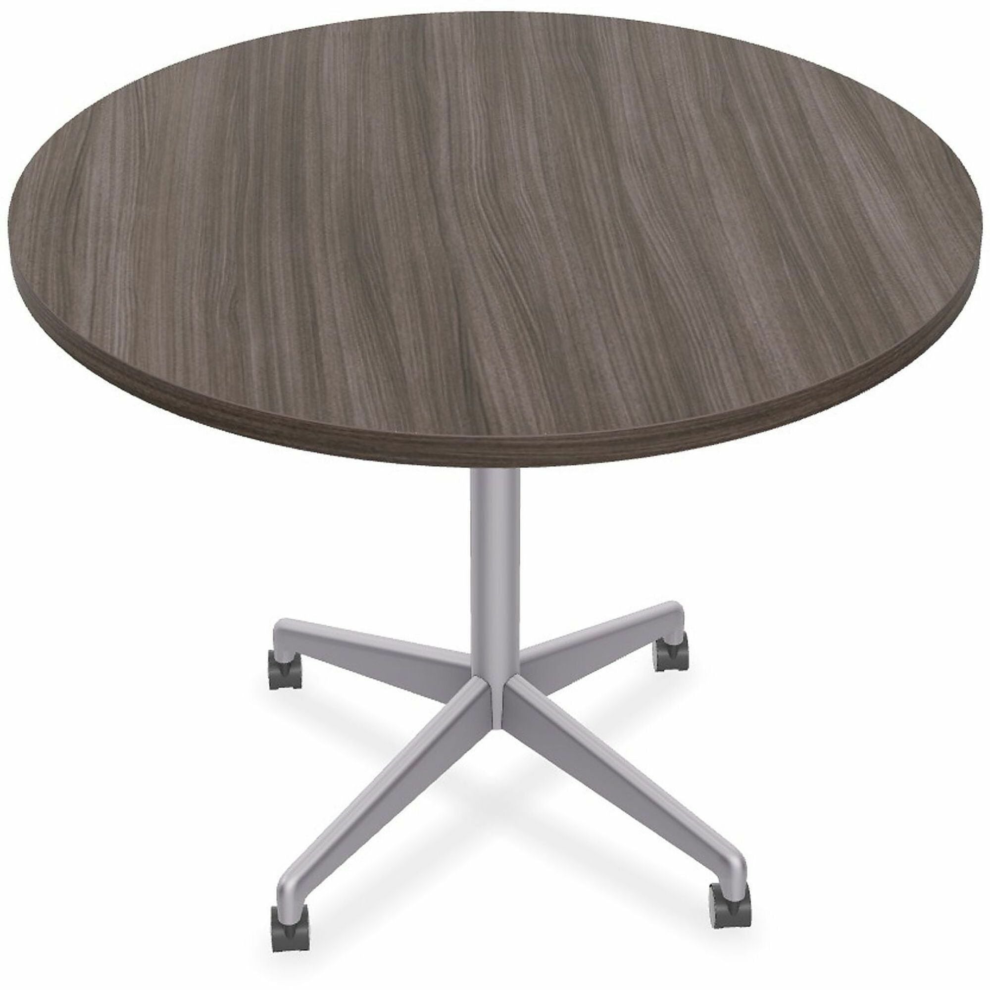 Special-T ZIA Series Round Hospitality Tables, 36" Diameter, 29" Height, Gray Driftwood High Pressure Laminate, Powder Coated X-Shaped Cast Aluminum and Steel Base, Mid-Century Modern Style, 6 per Bundle