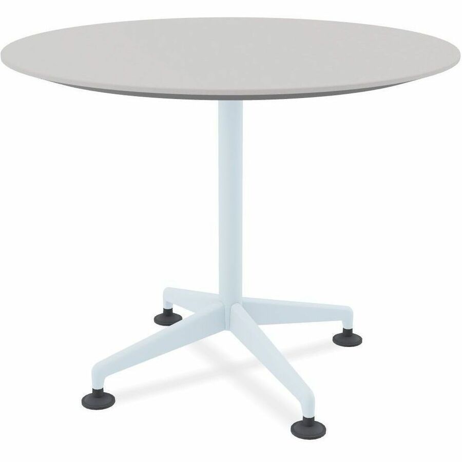 Special-T ZIA Series Round Hospitality Tables, 36" Diameter, 29" Height, Gray Driftwood High Pressure Laminate, Powder Coated X-Shaped Cast Aluminum and Steel Base, Mid-Century Modern Style, 6 per Bundle