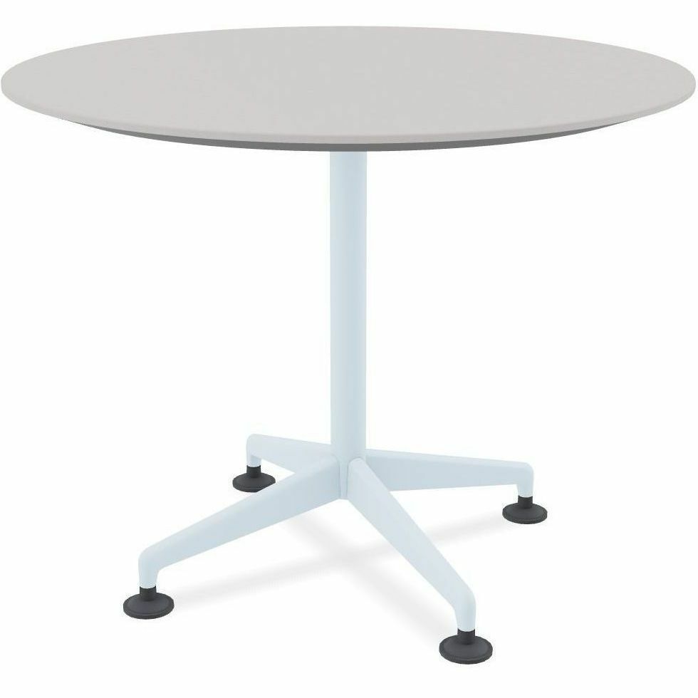 Special-T ZIA Series Round Hospitality Tables, 36" Diameter, 29" Height, Gray Driftwood High Pressure Laminate, Powder Coated X-Shaped Cast Aluminum and Steel Base, Mid-Century Modern Style, 6 per Bundle