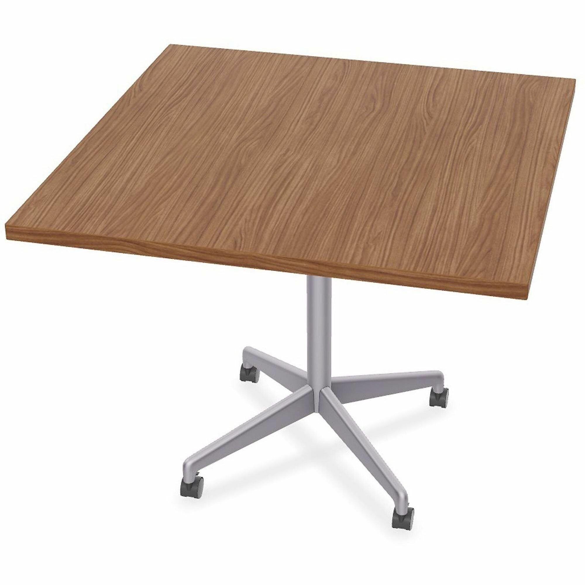 Special-T ZIA Series Hospitality Tables, Square 36"x36" Walnut High Pressure Laminate Top, Powder Coated X-Shaped Cast Aluminum/Steel Base, Mid-Century Modern Style, 29" Height, 6 Tables per Bundle
