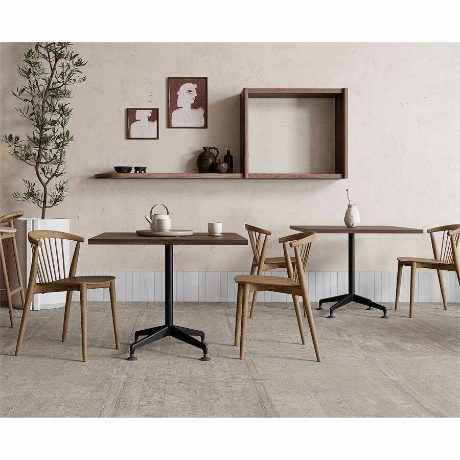Special-T ZIA Series Hospitality Tables, Square 36"x36" Walnut High Pressure Laminate Top, Powder Coated X-Shaped Cast Aluminum/Steel Base, Mid-Century Modern Style, 29" Height, 6 Tables per Bundle