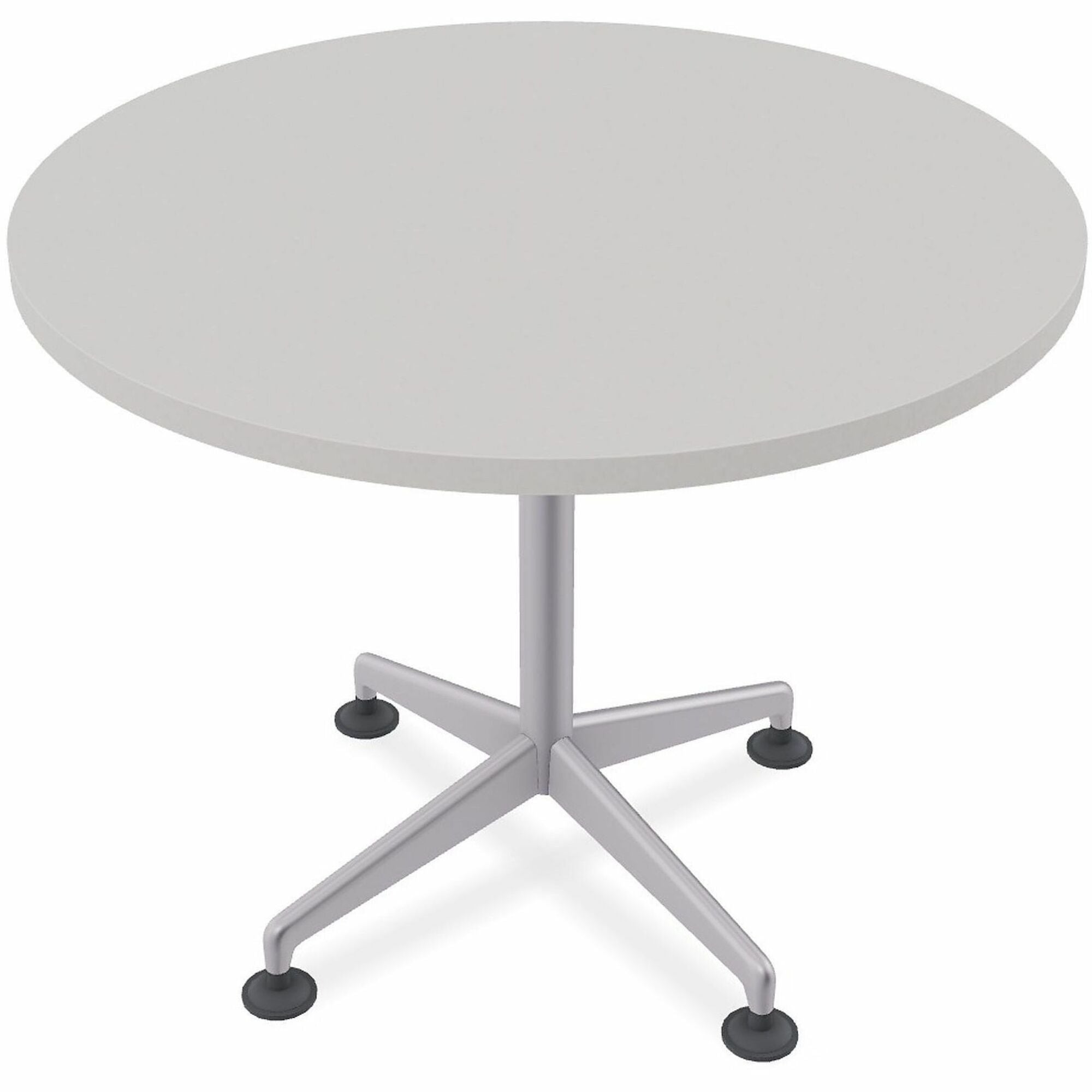Special-T ZIA Series Round Hospitality Tables, 42" Diameter, 29" Height, Gray High Pressure Laminate, Powder Coated X-Shaped Cast Aluminum/Steel Base, Mid-Century Modern Style, 8 per Bundle