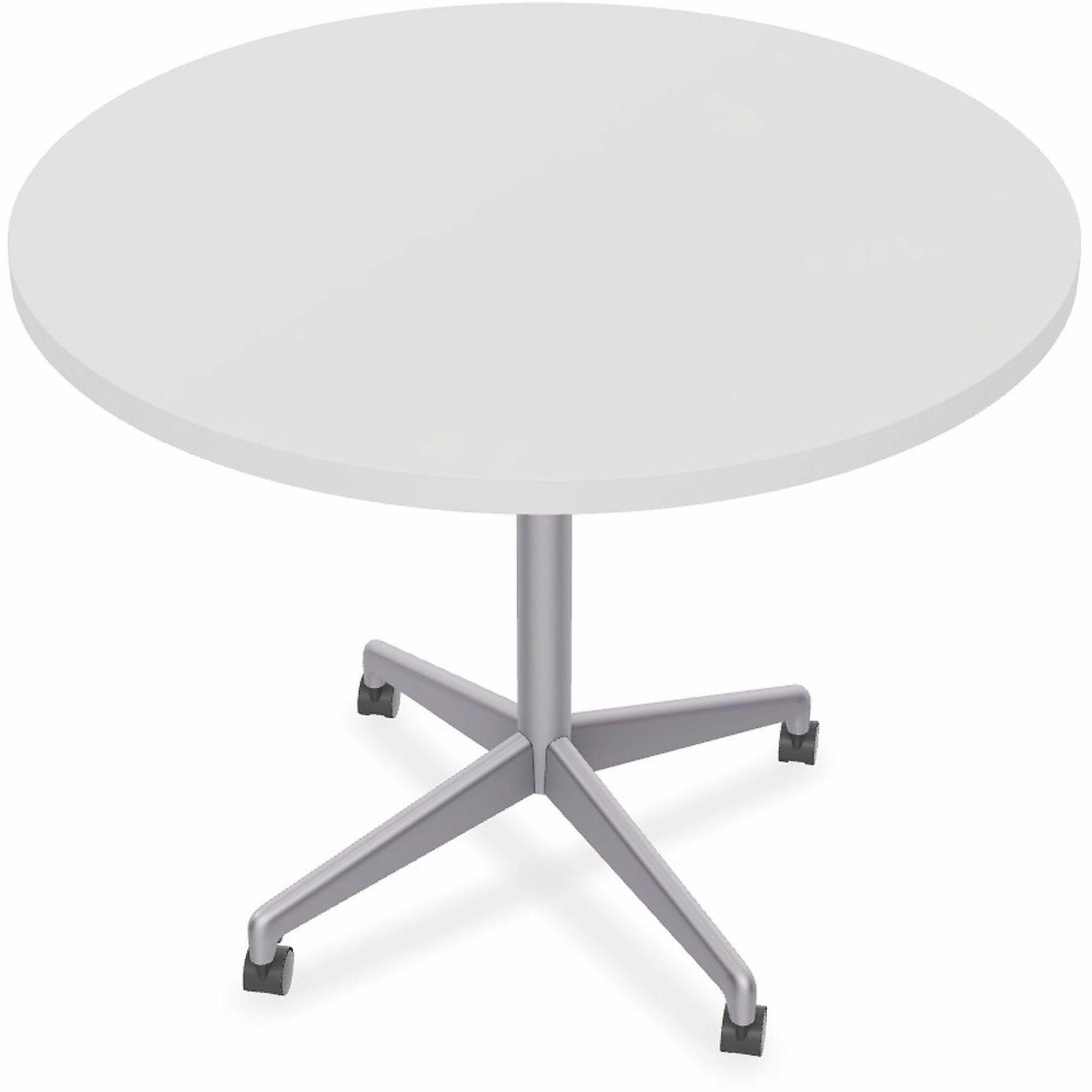 Special-T ZIA Series Hospitality Tables, Round 36" White High Pressure Laminate Top, Powder Coated X-Shaped Cast Aluminum and Steel Base, Mid-Century Modern Style, 29" Height, 6 Tables per Bundle