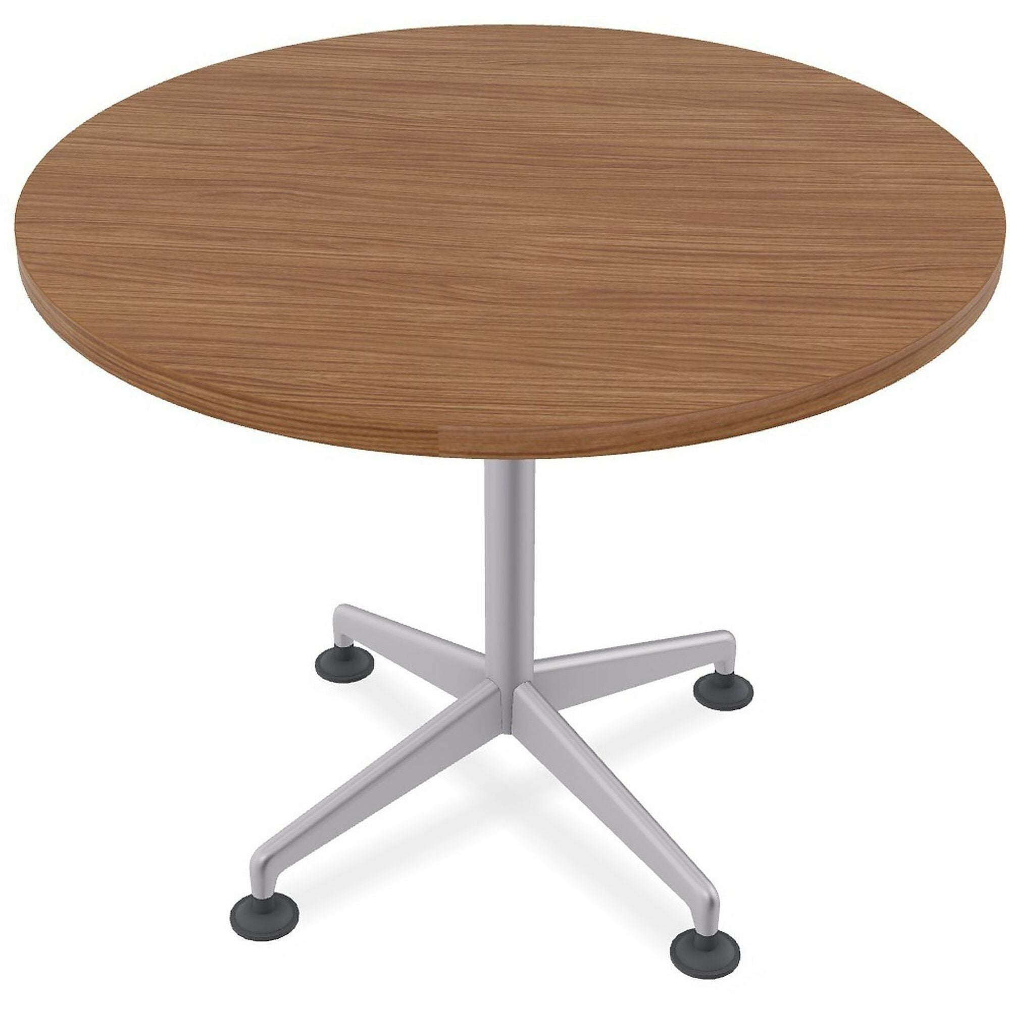Special-T ZIA Series Round Hospitality Tables, 42" Diameter, 29" Height, Walnut High Pressure Laminate Top, Powder Coated X-Shaped Cast Aluminum and Steel Base, Mid-Century Modern Style, 8 per Bundle