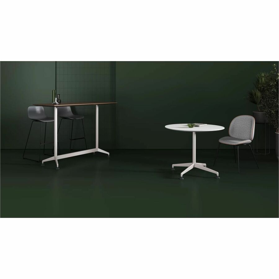 Special-T ZIA Series Round Hospitality Tables, 42" Diameter, 29" Height, Walnut High Pressure Laminate Top, Powder Coated X-Shaped Cast Aluminum and Steel Base, Mid-Century Modern Style, 8 per Bundle