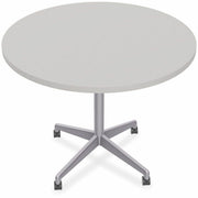 Special-T ZIA Series Round Hospitality Tables, 36" Diameter, 29" Height, Gray High Pressure Laminate Top, Powder Coated X-Shaped Cast Aluminum and Steel Base, Mid-Century Modern Style, 6 Tables per Bundle