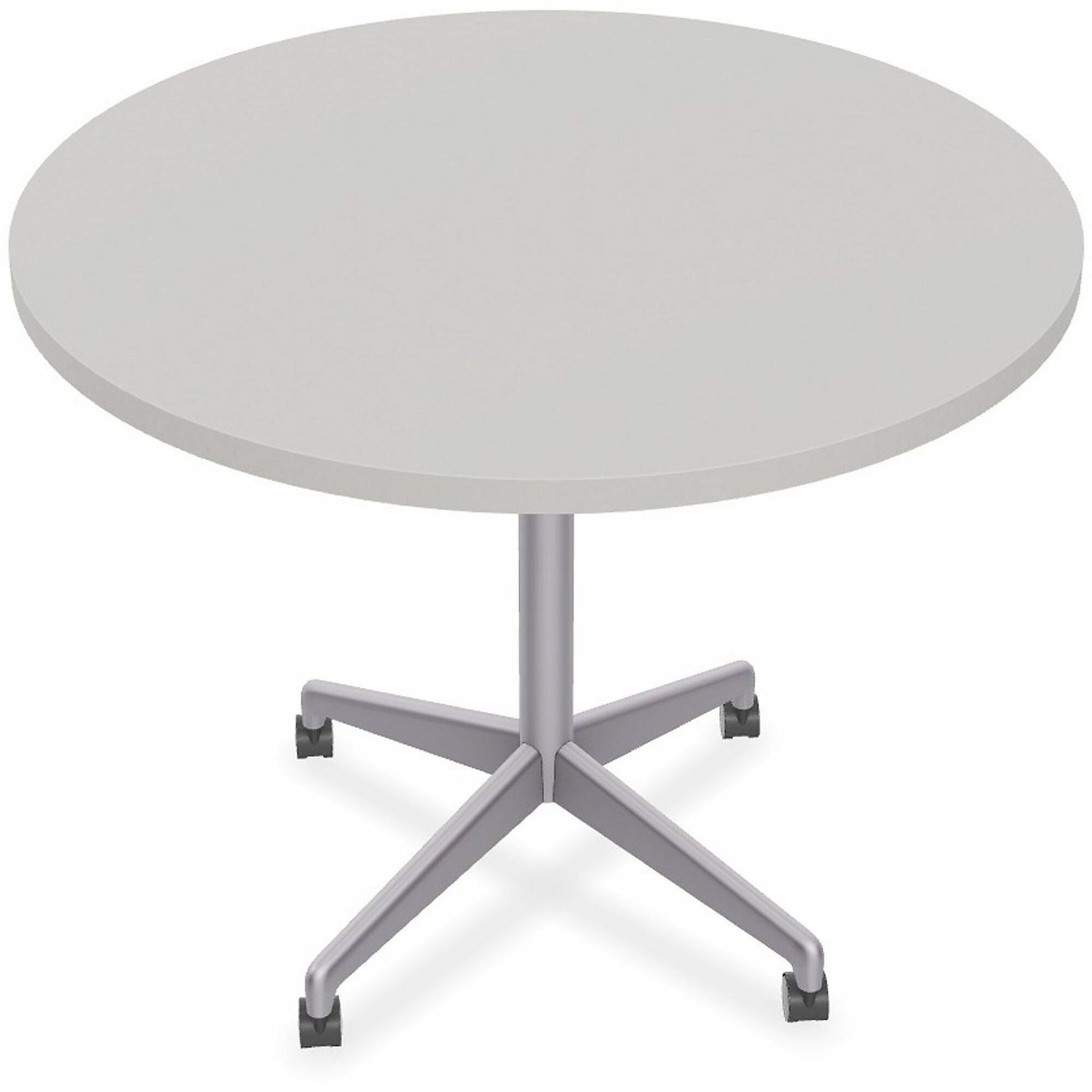 Special-T ZIA Series Round Hospitality Tables, 36" Diameter, 29" Height, Gray High Pressure Laminate Top, Powder Coated X-Shaped Cast Aluminum and Steel Base, Mid-Century Modern Style, 6 Tables per Bundle