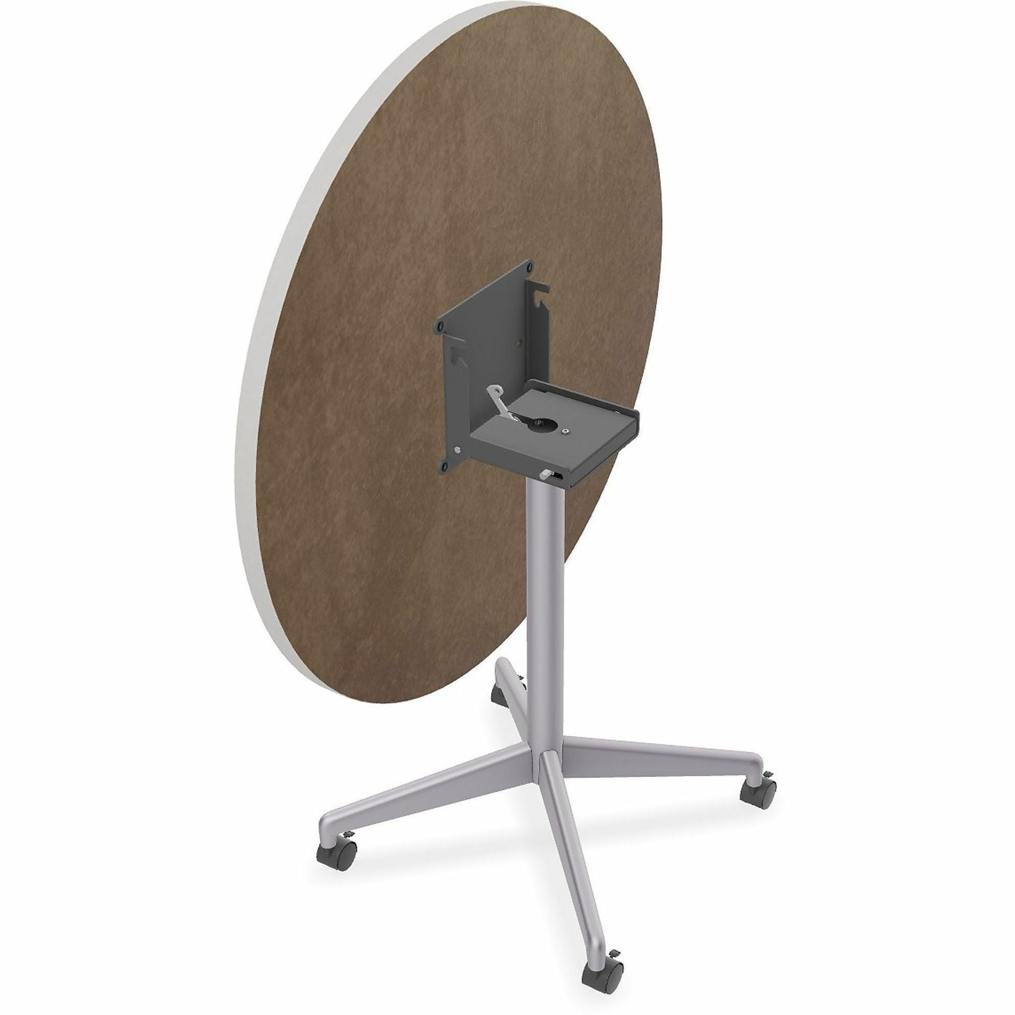 Special-T ZIA Series Round Hospitality Tables, 36" Diameter, 29" Height, Gray High Pressure Laminate Top, Powder Coated X-Shaped Cast Aluminum and Steel Base, Mid-Century Modern Style, 6 Tables per Bundle