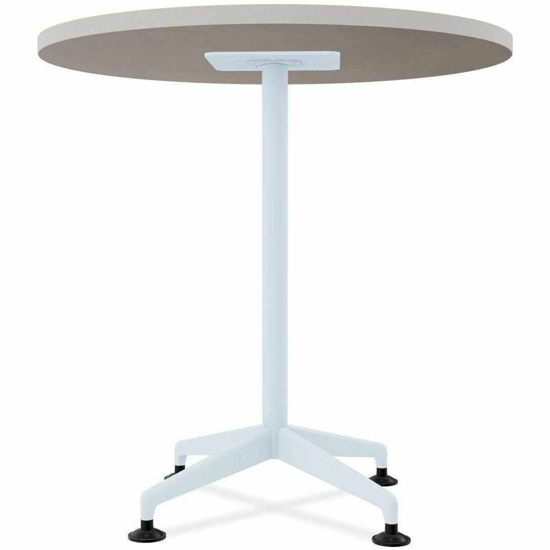 Special-T ZIA Series Round Hospitality Tables, 36" Diameter, 29" Height, Gray High Pressure Laminate Top, Powder Coated X-Shaped Cast Aluminum and Steel Base, Mid-Century Modern Style, 6 Tables per Bundle