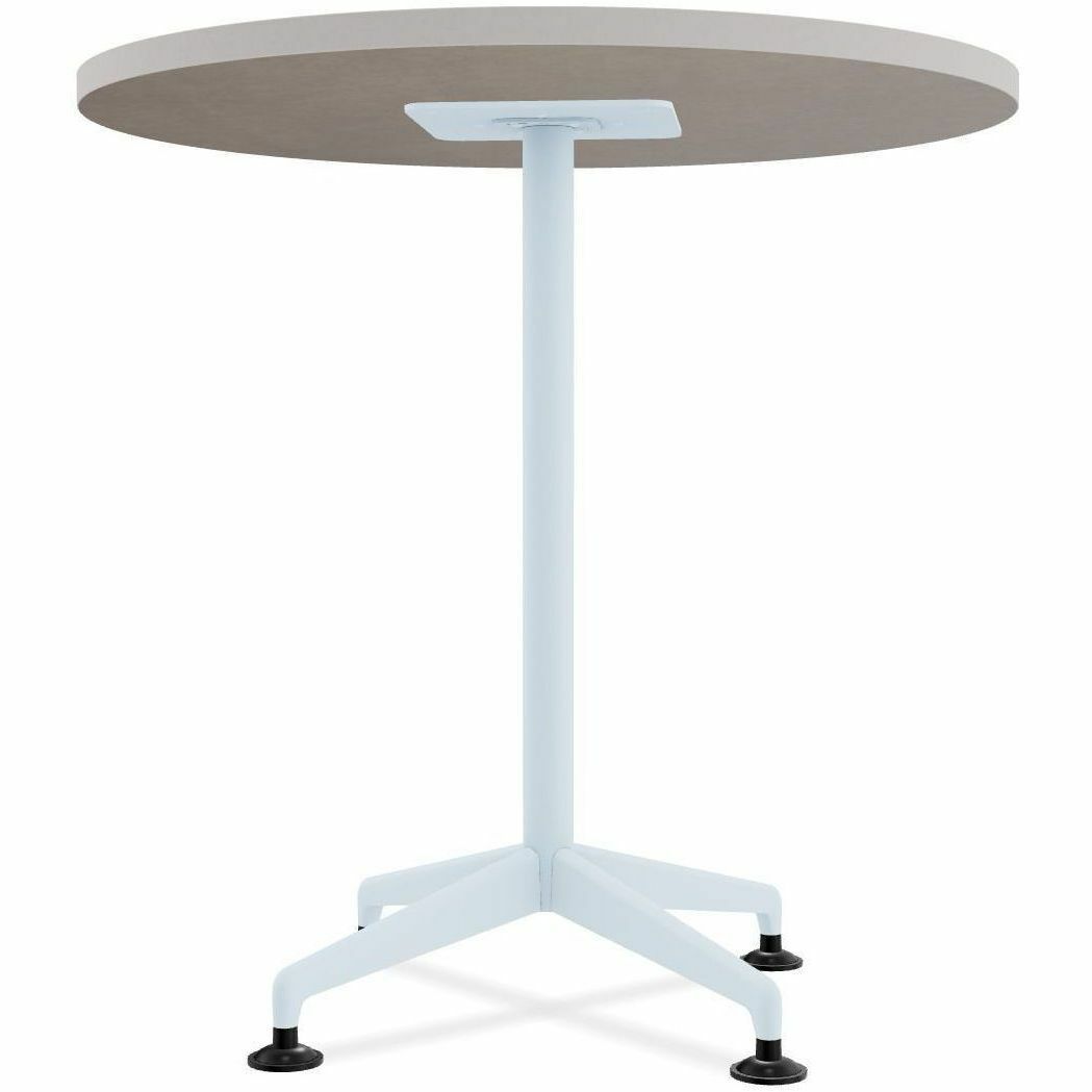Special-T ZIA Series Round Hospitality Tables, 36" Diameter, 29" Height, Gray High Pressure Laminate Top, Powder Coated X-Shaped Cast Aluminum and Steel Base, Mid-Century Modern Style, 6 Tables per Bundle