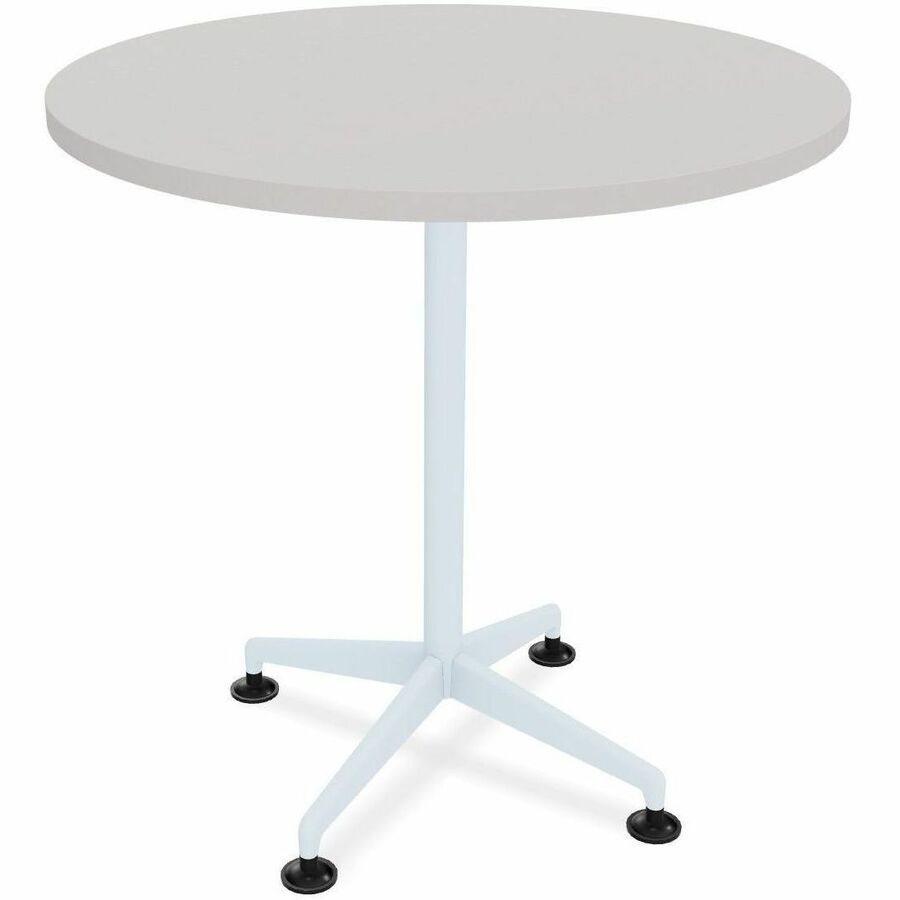 Special-T ZIA Series Round Hospitality Tables, 36" Diameter, 29" Height, Gray High Pressure Laminate Top, Powder Coated X-Shaped Cast Aluminum and Steel Base, Mid-Century Modern Style, 6 Tables per Bundle