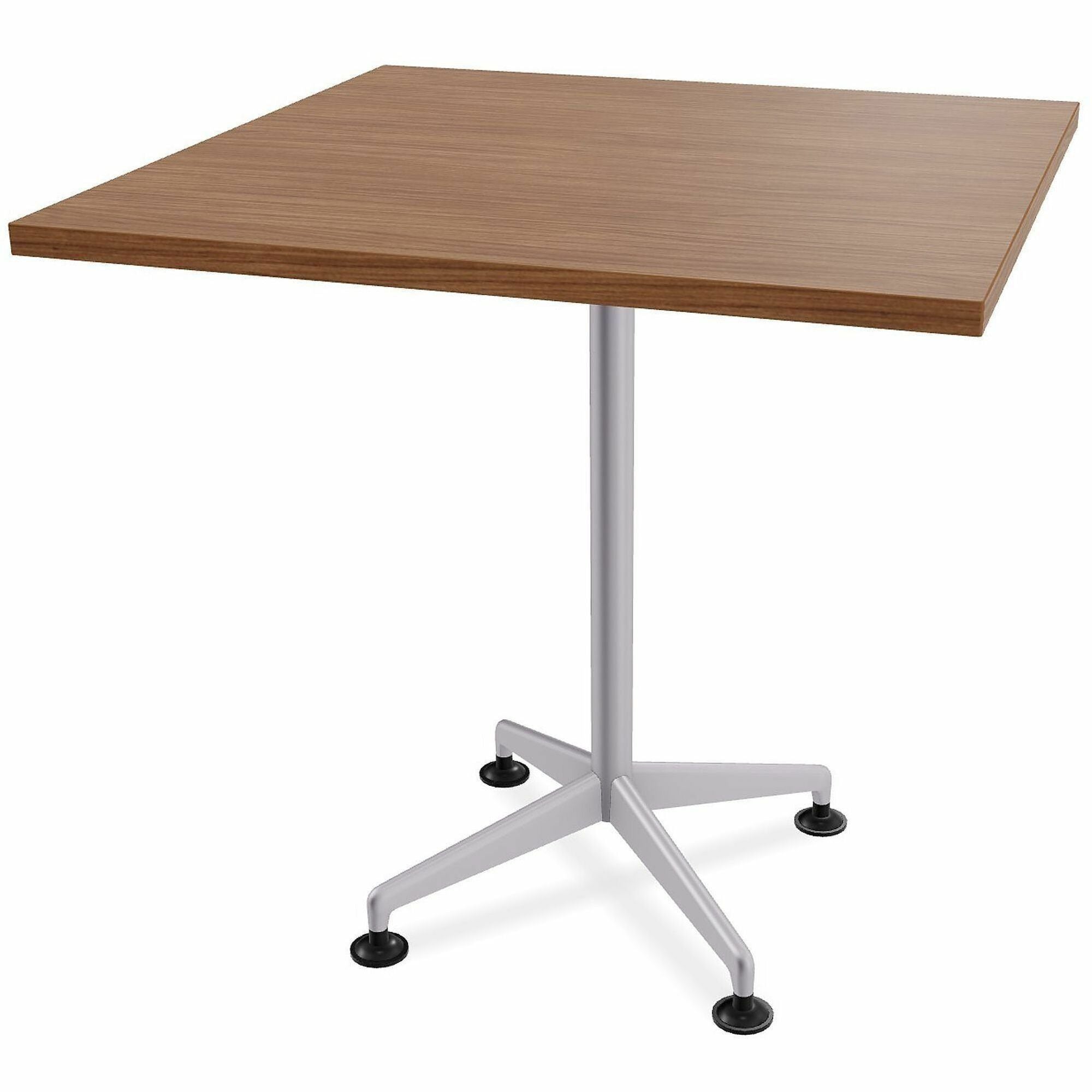 Special-T ZIA Series Hospitality Tables, Square 36"x36", 36" Height, Walnut High Pressure Laminate, Powder Coated X-Shaped Cast Aluminum/Steel Base, Mid-Century Modern Style, 8 per Bundle