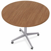 Special-T ZIA Series Round Hospitality Tables, 36" Diameter, 29" Height, Walnut High Pressure Laminate Top, Powder Coated X-Shaped Cast Aluminum and Steel Base, Mid-Century Modern Style, 6 Tables per Bundle