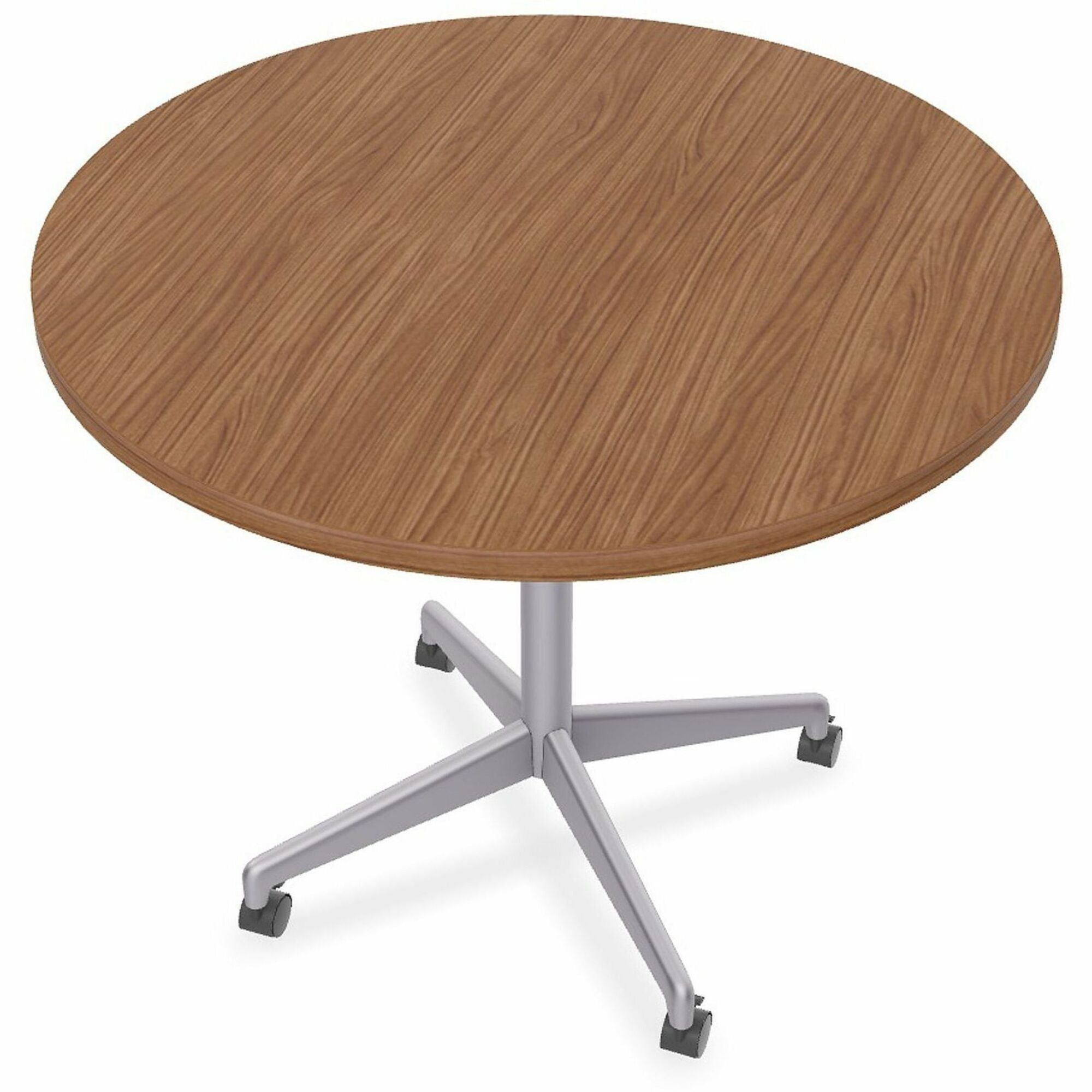 Special-T ZIA Series Round Hospitality Tables, 36" Diameter, 29" Height, Walnut High Pressure Laminate Top, Powder Coated X-Shaped Cast Aluminum and Steel Base, Mid-Century Modern Style, 6 Tables per Bundle