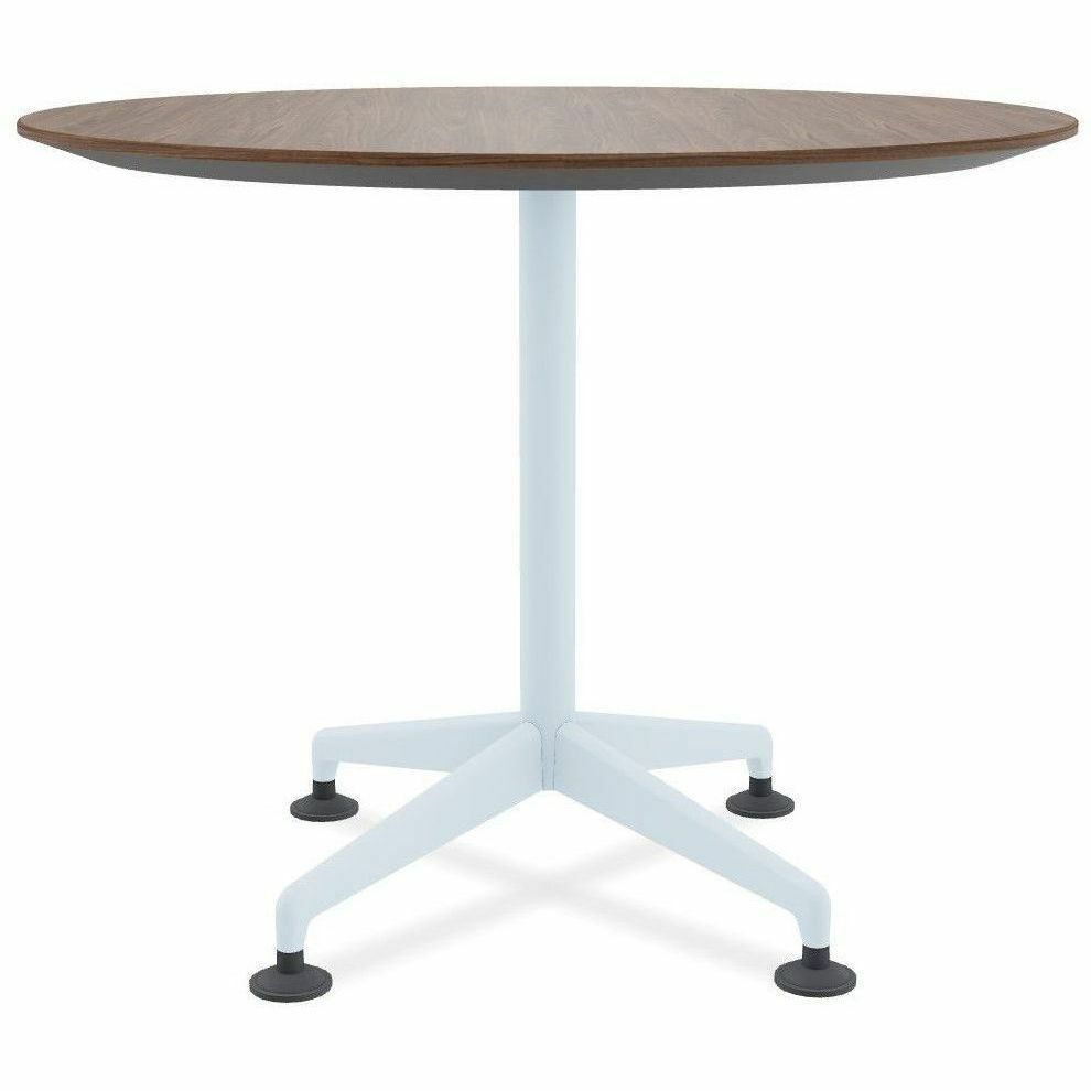 Special-T ZIA Series Round Hospitality Tables, 36" Diameter, 29" Height, Walnut High Pressure Laminate Top, Powder Coated X-Shaped Cast Aluminum and Steel Base, Mid-Century Modern Style, 6 Tables per Bundle